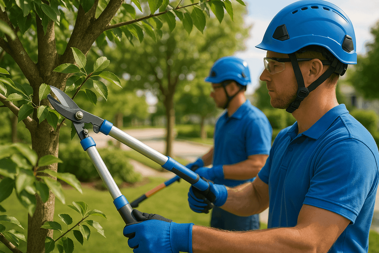OSHA-compliant workers trimng a healthy tree in a clean residential or commercial setting