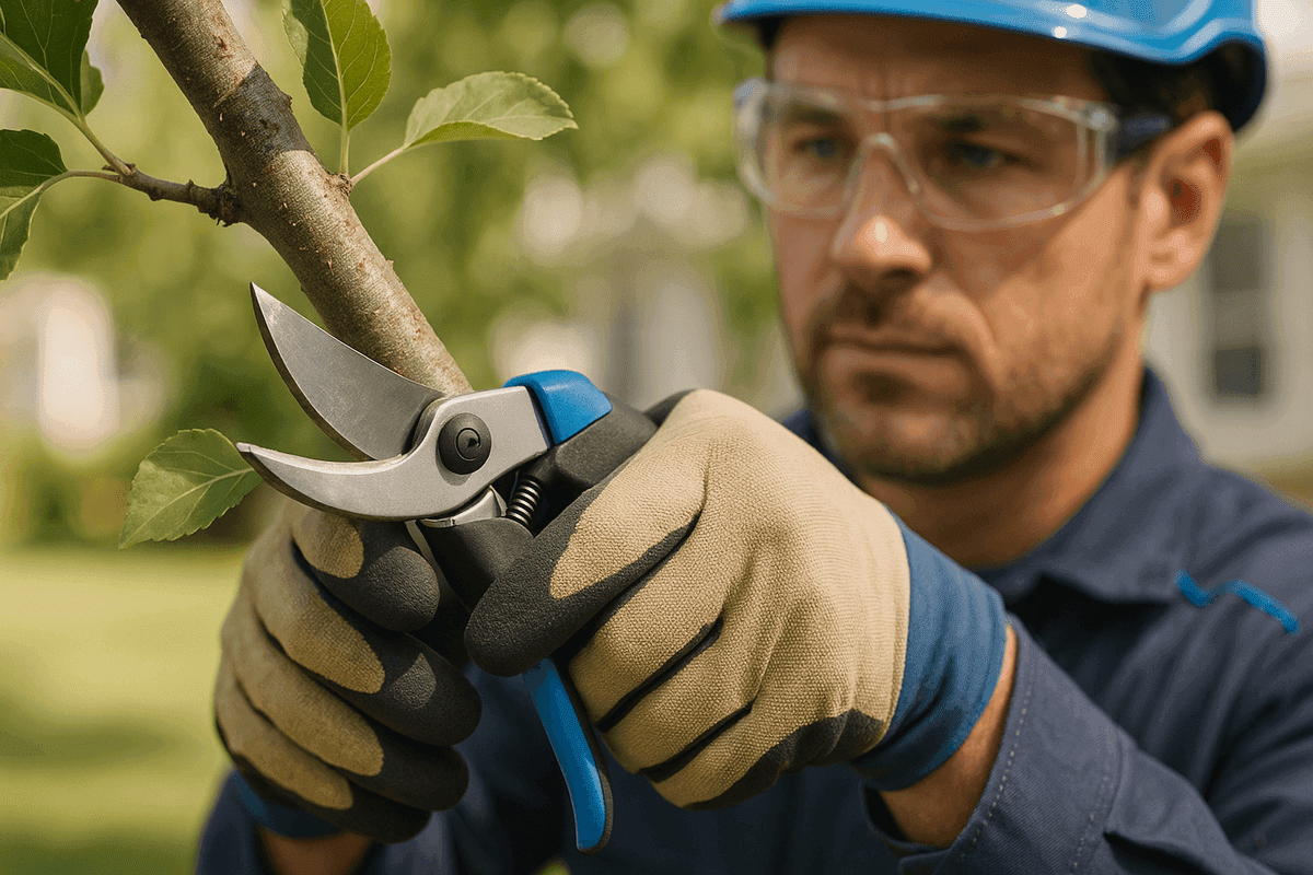 Arborist wearing gloves pruning a healthy tree branch with blue-accented shears outdoors